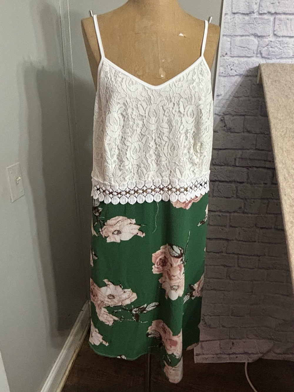 SHEIN White Lace & Green Floral Midi Slip Dress